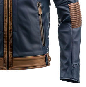 Blouson d'été matelassé léger et imperméable en peau de mouton véritable bleu marine et marron, style motard, col montant, multi-zippé, décontracté, avec doublure Sherpa - Product Image 4