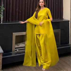 Nuevo diseñador 3 uds ropa de fiesta Look Top Farshi Salwar & Dupatta crepé seda con ofertas Secuencia de trabajo manual bordado de agujas múltiples - Product Image 4