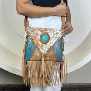 Hot Sale 2025 Real Hair on Leather Fringe <b>Handbag</b> New Western Stylish Turquoise Stone Cowhide Leather Crossbody Purse Sling Bag - Product Image 1