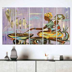 Elegante Arte en Lienzo de Mujer Africana: Escena de Cocina Impresa, JUEGO DE 5 LIENZOS - Product Image 1