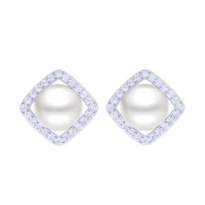 Clara Boucles d'oreilles clous en argent sterling 925 avec perles véritables, style vintage, serti clos, motif géométrique, or rose, cadeau pour femmes et jeunes filles - Product Image 1