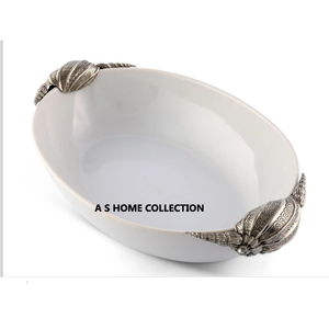 Oval Shape <b>Table</b> Top Handcrafted Glossy White Colour With Aluminium Metal Stylish Handle Decorative Bowl - Product Image 1