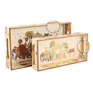 Plateaux de service indiens en bois, fabriqués à la main, avec des motifs d'éléphants et de palais Mughal, luxe pour le thé, le café et les cadeaux - Product Image 3