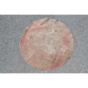 Turkish Vintage Rug, Round 2.7x2.7 ft (83x83 cm) Rug, <b>Red</b> Moroccan <b>Wool</b> Rug - Product Image 4