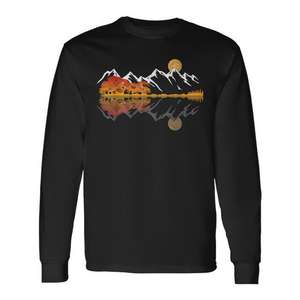 T-shirt à manches longues Guitar Lake Mountain Reflections, design artistique pour musicien - Product Image 1