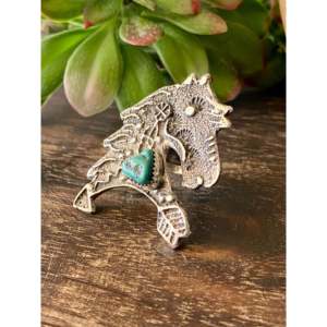 Delbert Arviso Kingman Turquoise Sterling <b>Silver</b> Tufa Cast Horse <b>Ring</b> Size 9.75 Bezel Setting Inlay Everyday Wear <b>Statement</b> <b>Ring</b> - Product Image 4