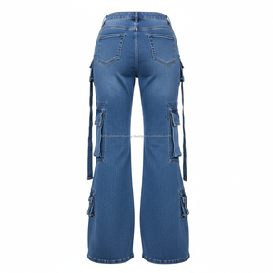 กางเกงยีนส์ทรงคาร์โก้เอวสูงสไตล์ Y2K หลายกระเป๋า ขาบาน – กางเกงยีนส์ทรงวินเทจขาบานสำหรับผู้หญิง พร้อมสายรัด ผลิตโดย OEM - Product Image 2