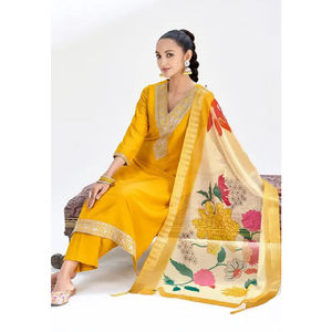 Conjunto de traje Chanderi bordado festivo tradicional para mujer, talla XXL, talla 42, Kurti 38, parte inferior de Chinon, Dupatta de seda para fiestas de invierno - Product Image 2