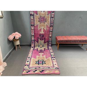 Vintage Turkish Herki Rug 3x10.8 ft, <b>Red</b> <b>Runner</b> Camouflage Wool Rug - Product Image 1