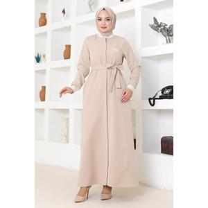 Manteau Abaya côtelé beige boutonné pour femme Mega Merchant – Veste et Trench-coat quotidiens modestes - Product Image 1