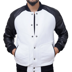Poches carrées noir et blanc Varsity Jacket Couleurs personnalisées Logo manches en cuir Letterman Varsity Jacket pour homme et femme - Product Image 1