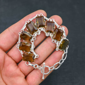 Piedra preciosa de cuarzo ahumado creada en laboratorio, pulsera de estilo de cadena hecha a mano chapada en plata 925, regalo de joyería fina de diseñador - Product Image 6