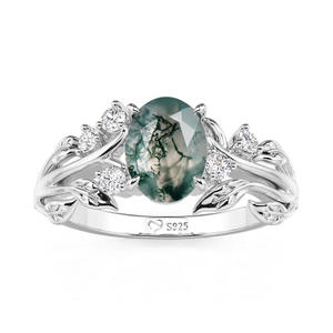 Bague de fiançailles en or rose plaqué, motif floral, feuille ovale, agate mousse, tendance - Product Image 3