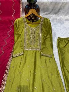Indiase Traditionele Premium Kwaliteit Groene Salwar Kameez Borduurwerksuite Voor Volwassenen Laag Tarief Voor Feestgelegenheden Vervaardigd