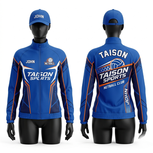 Veste d'entraînement de netball en polaire polyester 240 GSM, bleu royal, panneau orange, sublimation, broderie - Product Image 1
