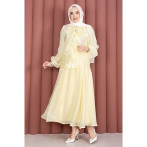 Ensemble hijab modeste jaune respirant à manches longues avec jupe à volants, style Prairie Chic, en tissu modal - Product Image 5