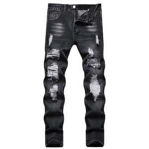 Jeans slim pour homme, tendance actuelle, denim noir, personnalité, imprimé graphique personnalisé, trou déchiré - Product Image 6