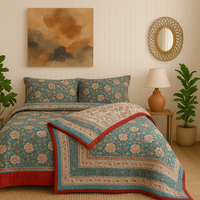 Selimut Katun Ramah Lingkungan Anti Alergi 300tc Cetak Blok India, Selimut Tempat Tidur Tunggal Bolak-Balik Buatan Tangan Motif Bunga