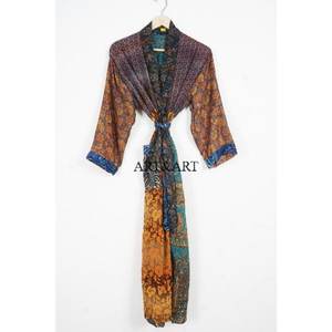 Bata de Maternidad Térmica Vintage para Mujer, Sari de Seda India Reciclada, Kimono con 2 Bolsillos Delanteros, Cinturón Lateral, Estilo Bohemio, Cuello en V, para Verano - Product Image 1