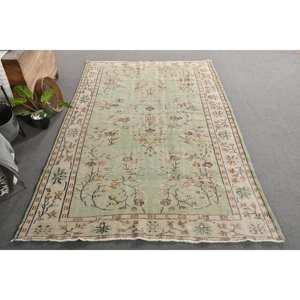 Alfombra turca Vintage de 6,4x9,2 pies, patrón de retales de lana de tejido plano verde Beige para decoración para sala de estar, uso de pasillo, respaldo de látex - Product Image 4