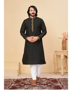 男士KURTA睡衣设计系列男士Shalwar Kameez刺绣领口