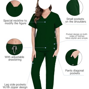 เครื่องแบบพยาบาล15สีทึบแฟชั่นชุดพยาบาลเสื้อกางเกงคอปกตั้งแบบยืดได้ - Product Image 1