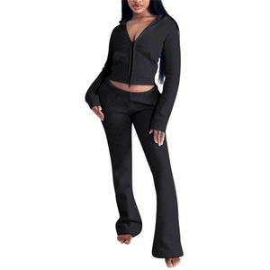 Trajes de dos piezas, conjunto de trajes cálidos de Color sólido, conjuntos de ropa de otoño e invierno para mujer, sudadera con cremallera y cuello levantado, Pantalones - Product Image 4