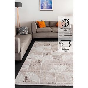 Tapis moderne en polyester tissé marron à poils moyens abstraits Konfor Elex 5207 pour salon et cuisine - Product Image 5