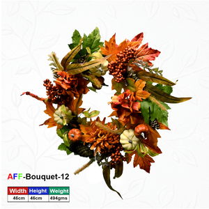 Couronne de récolte en bois enchanté avec fleurs artificielles, pommes de pin, baies et courges mélangées - Product Image 1