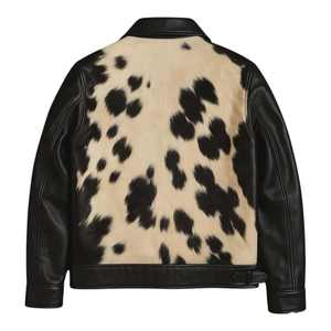 New Arrival Brown And <b>White</b> Cow Hair On Leather Biker Style men <b>Jacket</b> Trucker <b>Denim</b> Style leather <b>jacket</b> for men - Product Image 2