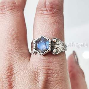 Bague pour femme en argent sterling 925 avec pierre précieuse labradorite naturelle, cadeau de mariage, de Noël, d'anniversaire, bague empilable, bijoux - Product Image 4