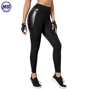 Top Fashion Women's Casual Sports <b>Polyester</b> <b>Leggings</b> Spliced Leather Tight Pant with Custom Gym Wear Waist Logo Position - Product Image 3