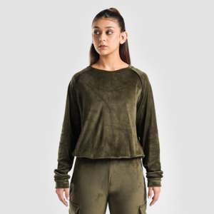 Women's <b>Velour</b> <b>Sweatshirt</b> with Embroidered Hood Streetwear Style Long Length Olive Silk Jacket for Winter - Product Image 1