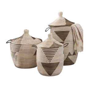 Ensemble de 3 paniers de rangement tressés en jonc de mer rustique de haute qualité, écologiques, avec poignées et couvercle, collection Printemps, couleur personnalisable pour la maison - Product Image 5