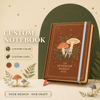 Carnet de notes personnalisé LABON en forme de champignon, couverture rigide en lin marron, bordure dorée, champignons bleus Amanita, points dorés, bande élastique bleue