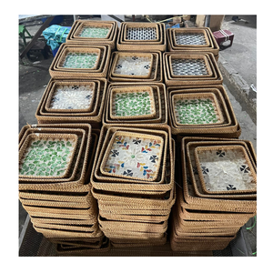 Plateau de service traditionnel vietnamien en rotin avec incrustation de nacre, plateau décoratif tissé à la main - Product Image 5