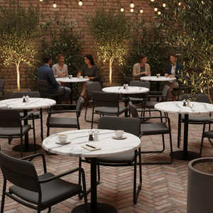 Table ronde de qualité commerciale, aspect marbre blanc, avec plateau renforcé en composite de pierre, pour usage intérieur et extérieur - Product Image 4