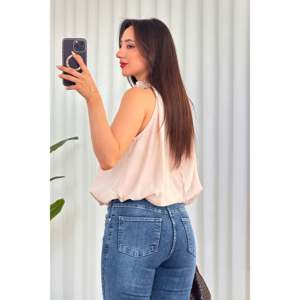 เสื้อเบลาส์สีเบจขายส่ง คอประดับลูกปัด ดีไซน์ทรงบอลลูน - สีเบจ - Product Image 5
