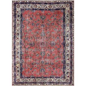 Alfombra de Lana Anudada a Mano Vintage Pae-2062 de Gran Tamaño, Diseño Floral Rectangular Clásico en Rojo y Naranja para el Hogar, Habitación de Adolescentes, Reciclada - Product Image 1