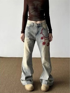 Pantalones vaqueros lavados con piedra Retro americano para hombre, mono bordado Vintage, vaqueros rectos de pierna ancha, estilo callejero, Invierno - Product Image 3