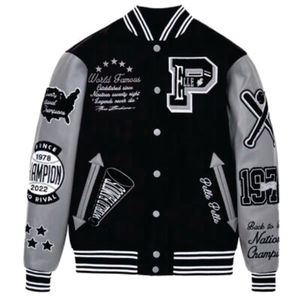 Qualité Letterman Baseball School College Bomber Varsity Jacket Gris et Noir Manches en cuir véritable Veste Hommes Femmes - Product Image 1