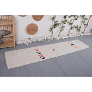 พรมตุรกีขนาด 2x8.4 ฟุต, พรมคิลิม, พรมลายตารางสีเบจทำจากขนสัตว์ - Product Image 4