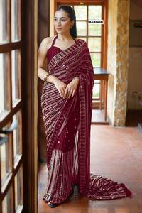 Diseñador de Bollywood Banarasi algodón Saree Georgette secuencia trabajo para boda y fiesta colección de invierno y verano para Diwali - Product Image 4