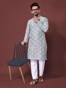 Vêtements ethniques indiens pour hommes Collection de vêtements ethniques de qualité supérieure en soie de qualité supérieure avec broderie Kurta avec ensemble de pyjama en coton Raymond - Product Image 6