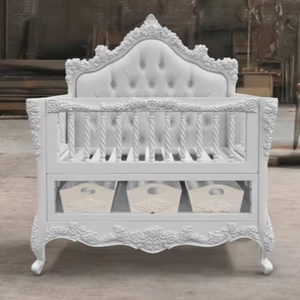 Cuna de Madera Maciza de Caoba Tallada a Mano, Estilo Europeo Clásico Moderno, para Dormitorio Infantil, Color Blanco Nieve - Product Image 1