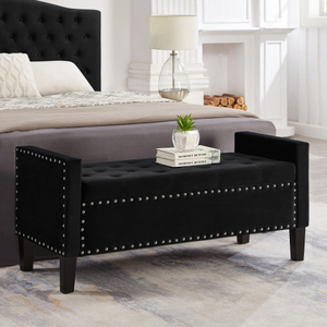 Banc de rangement <span class=keywords><strong>capitonné</strong></span> en <span class=keywords><strong>velours</strong></span> noir de 48 pouces avec garniture cloutée, banc de lit rembourré avec accoudoirs pour entrée, chambre et salon - Product Image 2