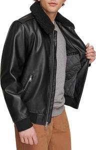 Blouson d'aviateur pour homme en similicuir avec doublure en peau de mouton Blouson de moto en cuir avec capuche et bavoir amovibles - Product Image 3