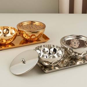 Ensemble de brûleur à encens en métal martelé or et argent de luxe avec plateau, bol rond pour encens Bakhoor Oud, décoration d'intérieur, ornement - Product Image 2