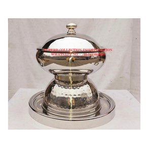 Elegante plato de frotamiento redondo chapado en oro martillado calentador de alimentos de buffet de acero inoxidable con soporte y tapa de catering para eventos - Product Image 5