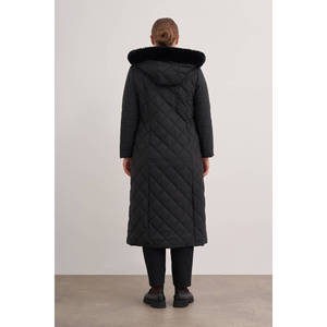 Windproof Black Hooded Quilted Polyester Filled Long Jacket with Detachable <b>Hat</b> - Product Image 5